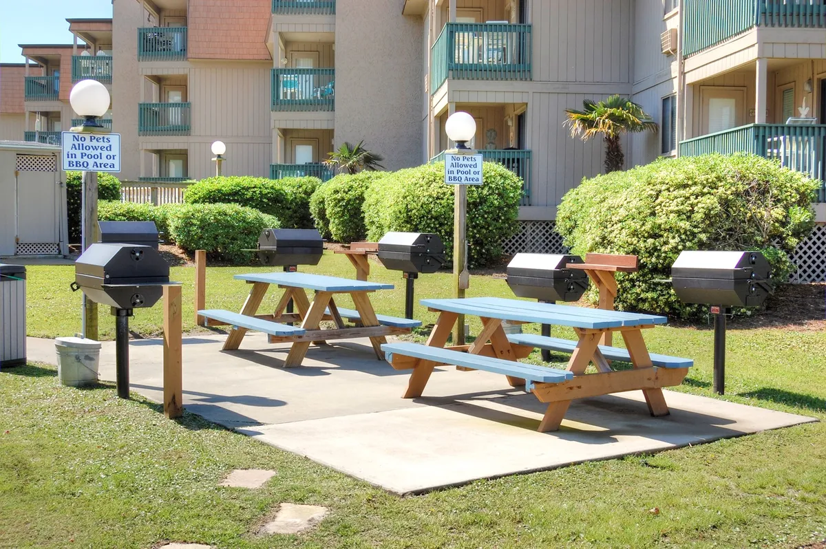 An outdoor grilling area featuring picnic tables and multiple grills, framed by sunny skies and communal signage. The space is designed for barbecuing, social gatherings, and enjoying meals in a casual, open-air setting.