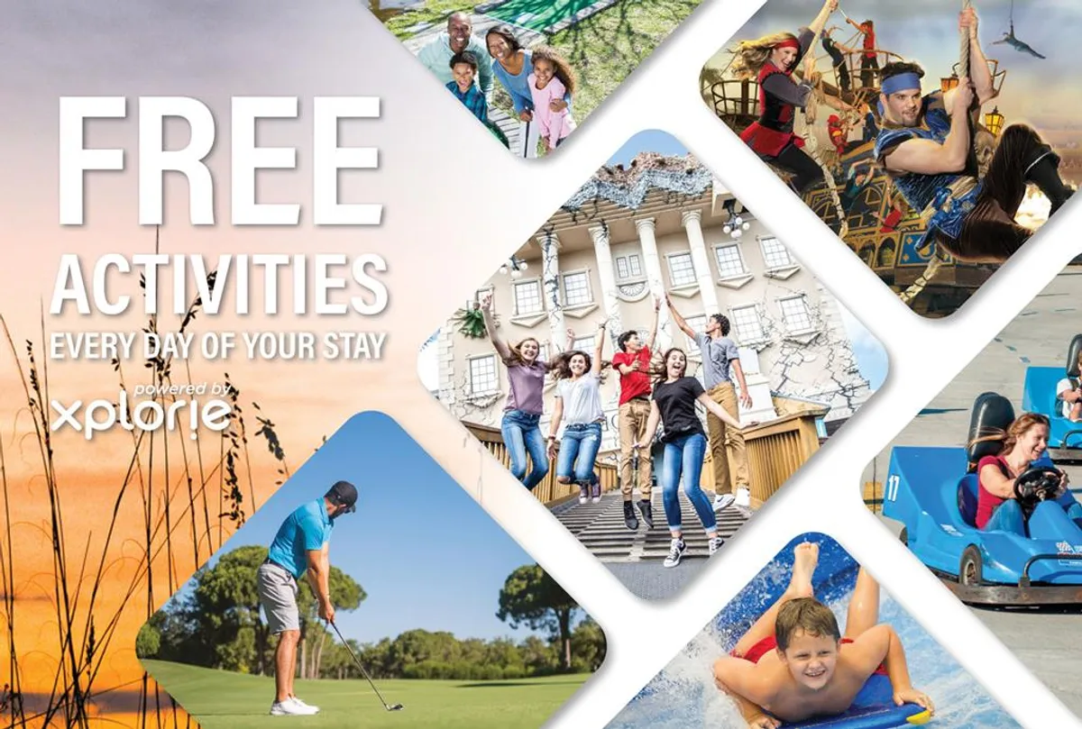 This image captures families actively enjoying a variety of Myrtle Beach attractions, including golfing, water activities, themed entertainment, and scenic locales. The vibrant scene depicts people of all ages taking part in exciting, family-friendly adventures.
